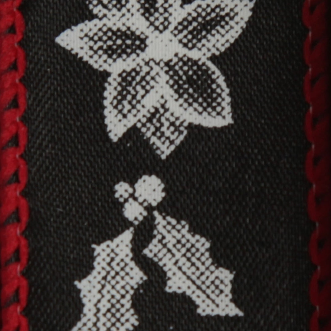 Black Holly with Red Trim Wired Ribbon - 2.2cm - Close up