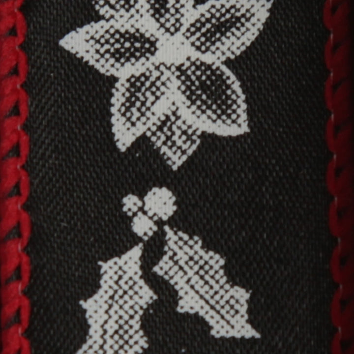 Black Holly with Red Trim Wired Ribbon - 2.2cm - Close up