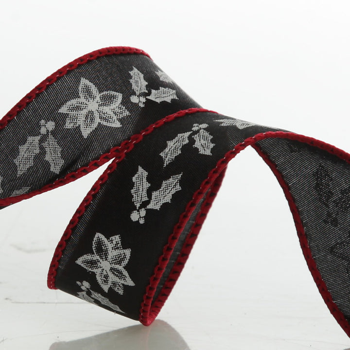 Black Holly with Red Trim Wired Ribbon - 2.2cm