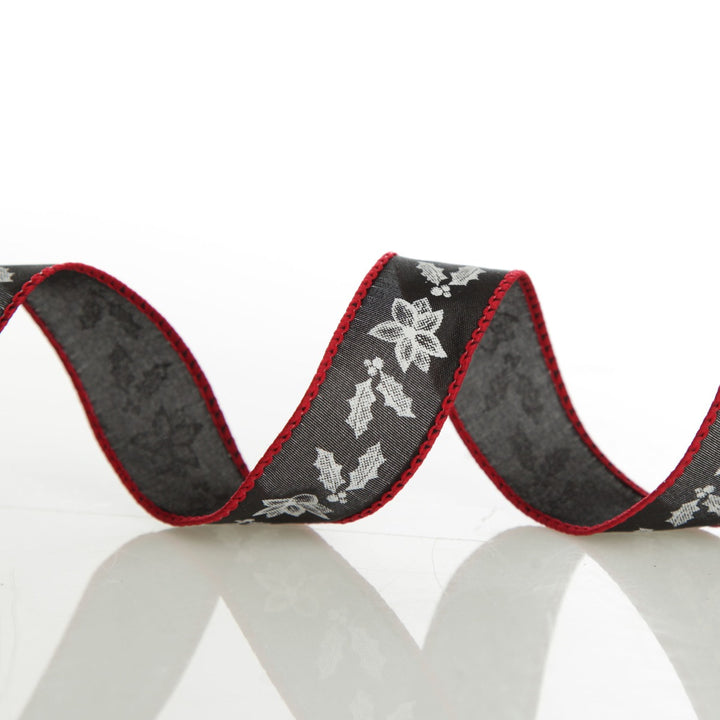 Black Holly with Red Trim Wired Ribbon - 2.2cm