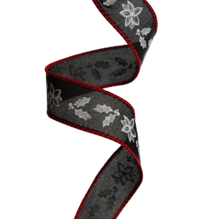 Black Holly with Red Trim Wired Ribbon - 2.2cm