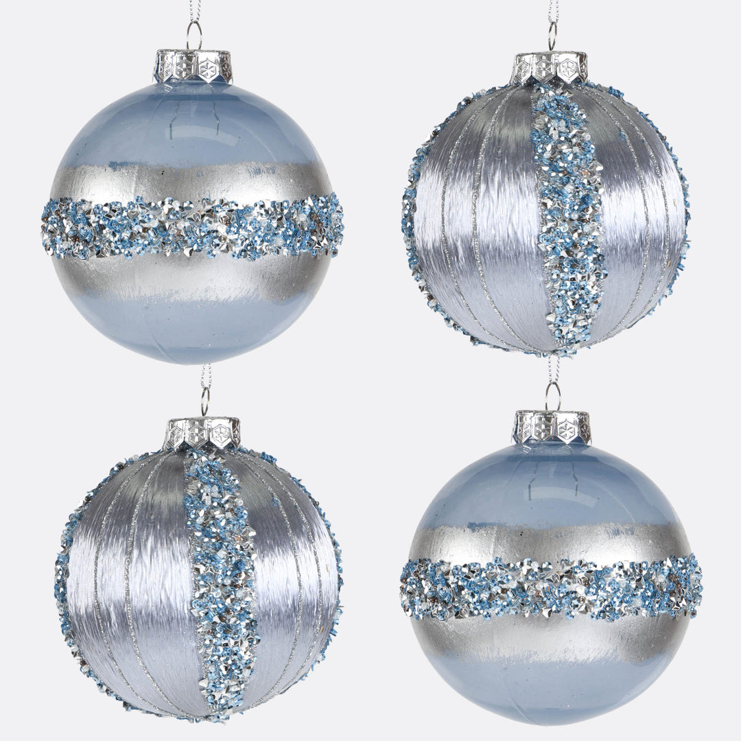 Blue and Silver Bauble with Glitter Detail - Set of 4 - 10cm
