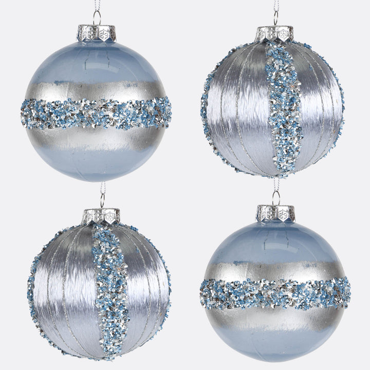Blue and Silver Bauble with Glitter Detail - Set of 4 - 10cm