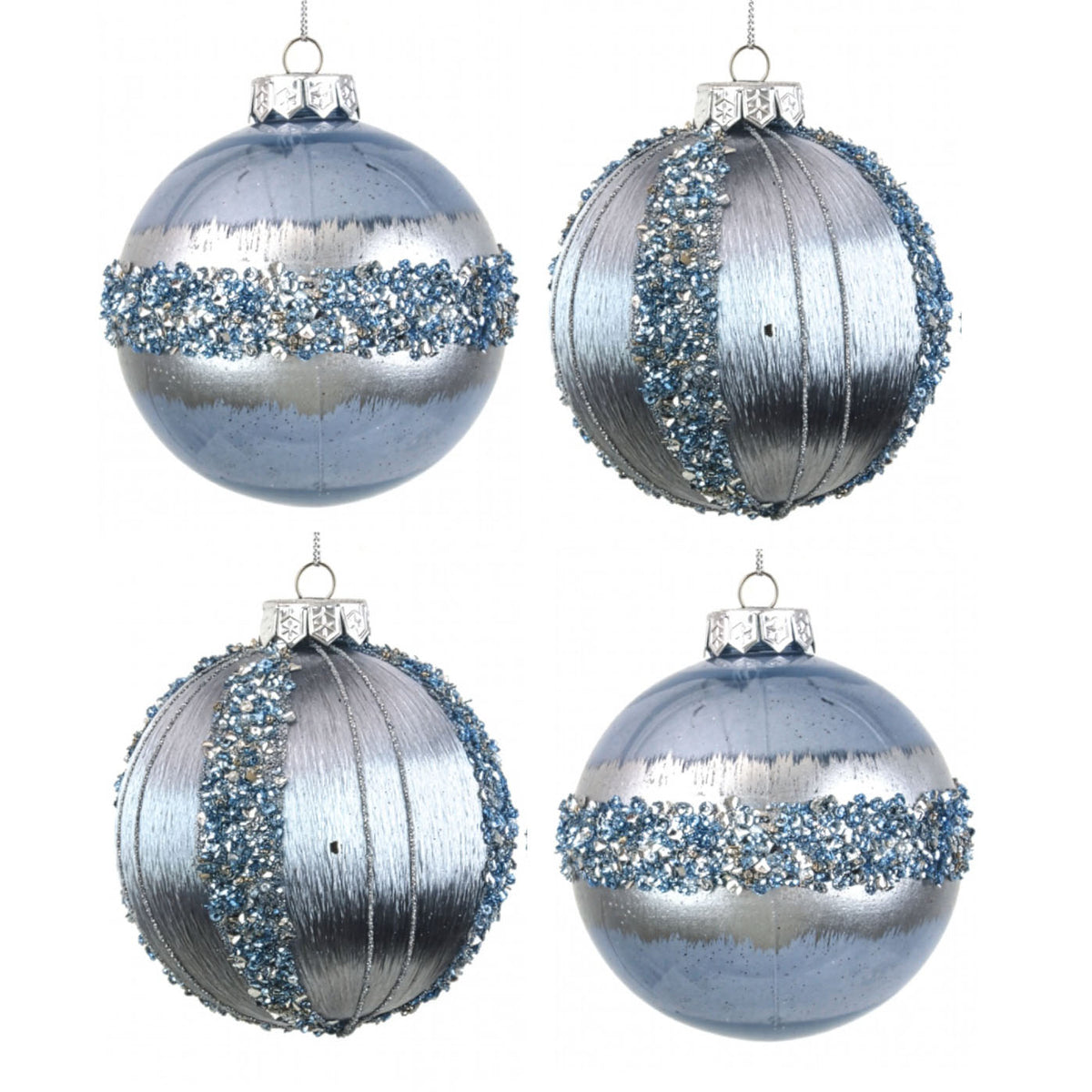 Blue and Silver Bauble with Glitter Detail - Set of 4 - 10cm