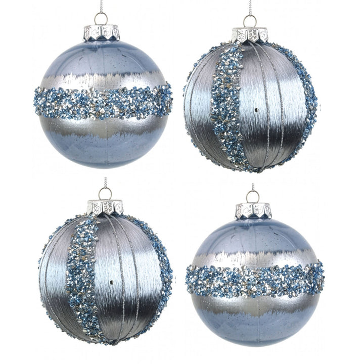 Blue and Silver Bauble with Glitter Detail - Set of 4 - 10cm