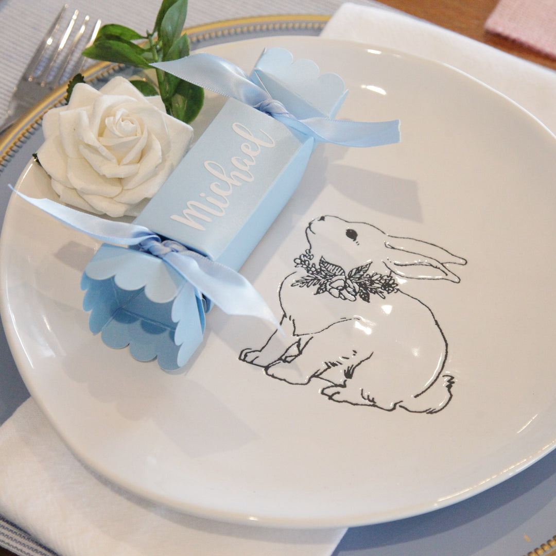 Large White Plate with Etched Bunny Rabbit Design