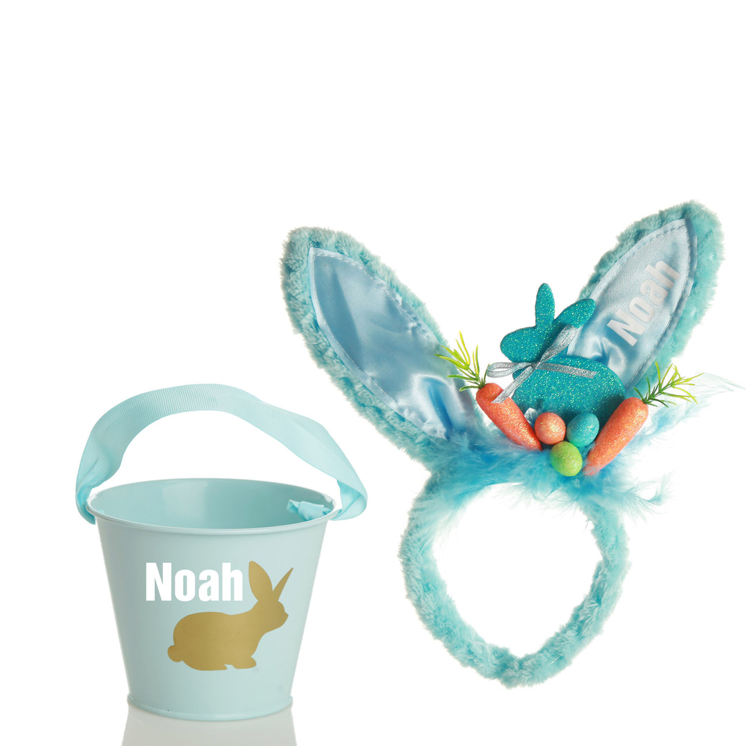 Personalised Easter Hunt Blue Bunny Easter Headband and Bucket Pack