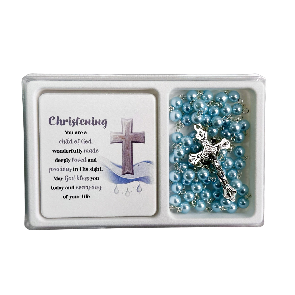 Blue Christening Rosary and Blessing Plaque Set