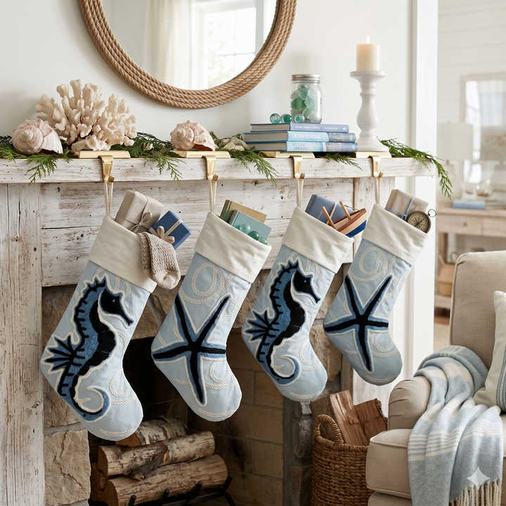 Blue Coastal Christmas Stocking - Set of 4
