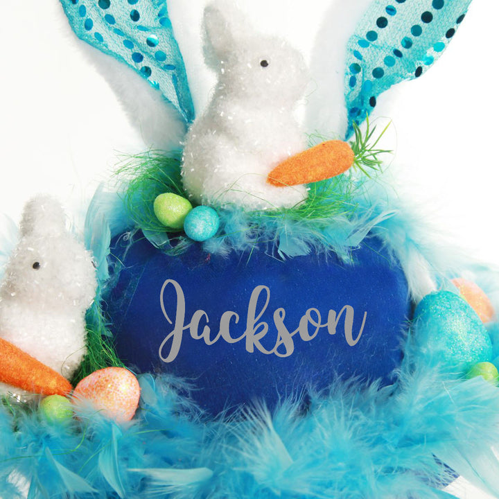Personalised Blue Feather and Bunny Easter Hat