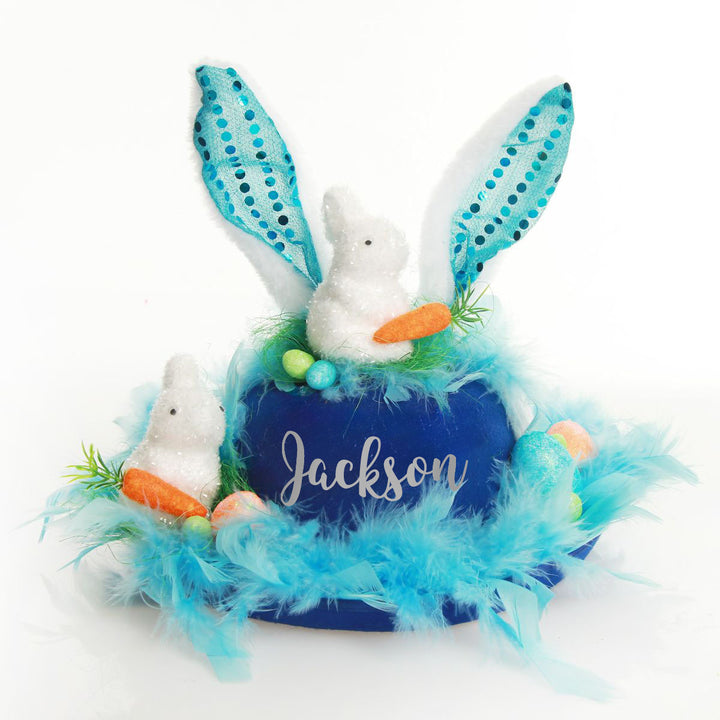 Personalised Blue Feather and Bunny Easter Hat