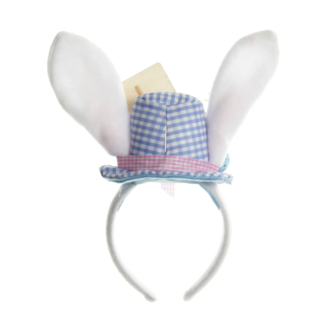 Personalised Bunny Ears Easter Blue Gingham Hat Headband