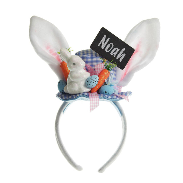 Personalised Bunny Ears Easter Blue Gingham Hat Headband