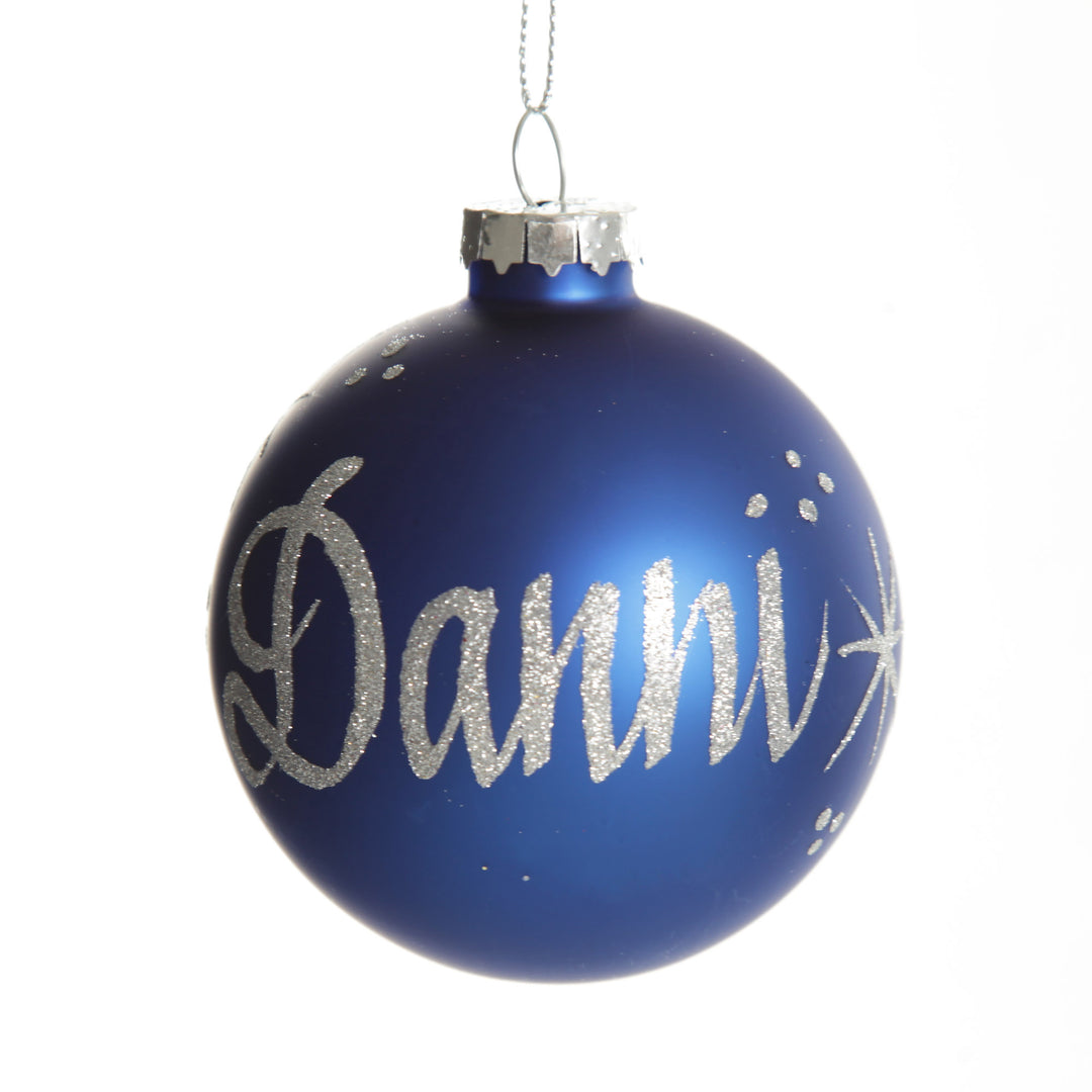 Blue Glass Personalised Christmas Bauble - Silver Glitter
