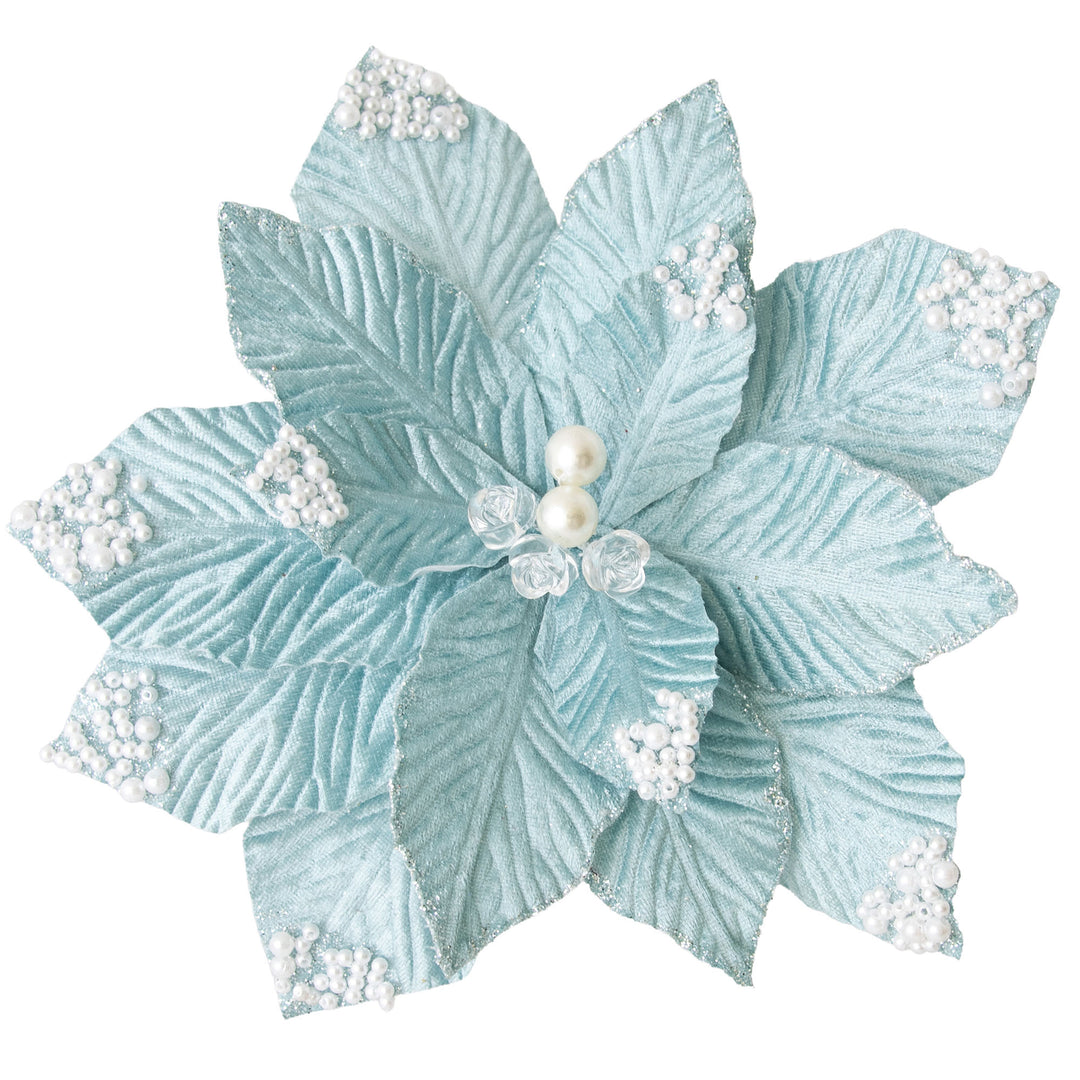 Blue Poinsettia Flower Clip with Beaded Tips - 27cm(W)