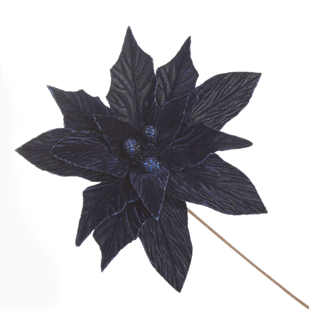 Large Blue Poinsettia Flower Stem with Glitter Trim