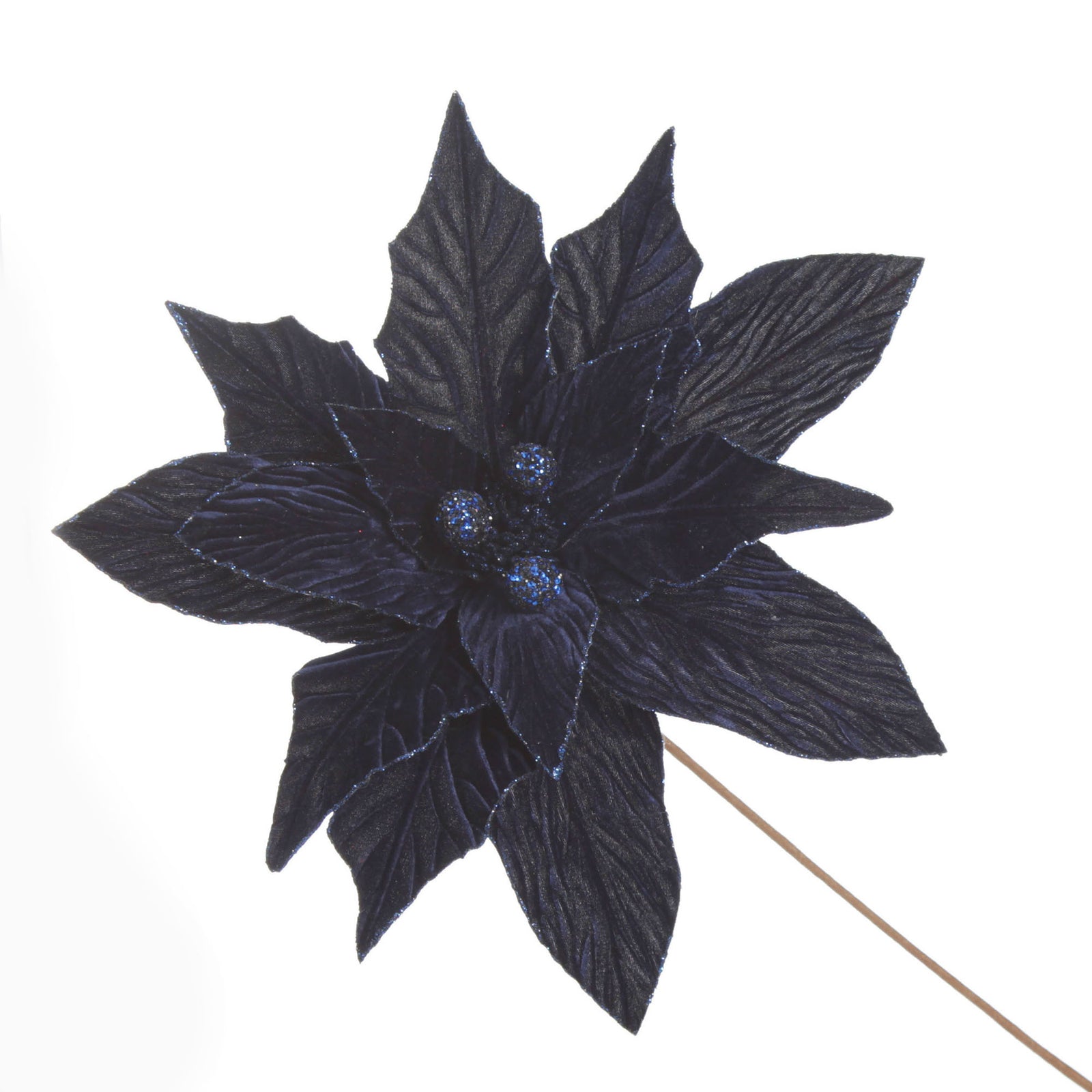 Large Blue Poinsettia Flower Stem with Glitter Trim
