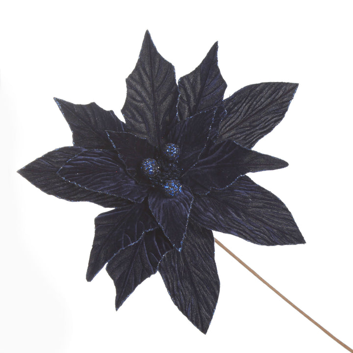 Large Blue Poinsettia Flower Stem with Glitter Trim