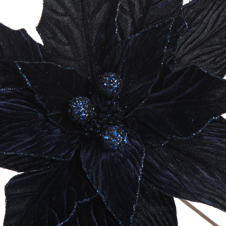 Large Blue Poinsettia Flower Stem with Glitter Trim