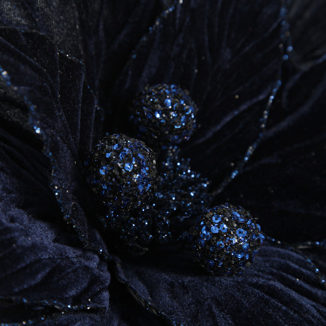 Large Blue Poinsettia Flower Stem with Glitter Trim