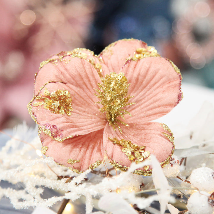 Blush Velvet Magnolia Flower with Gold Sequin Tips