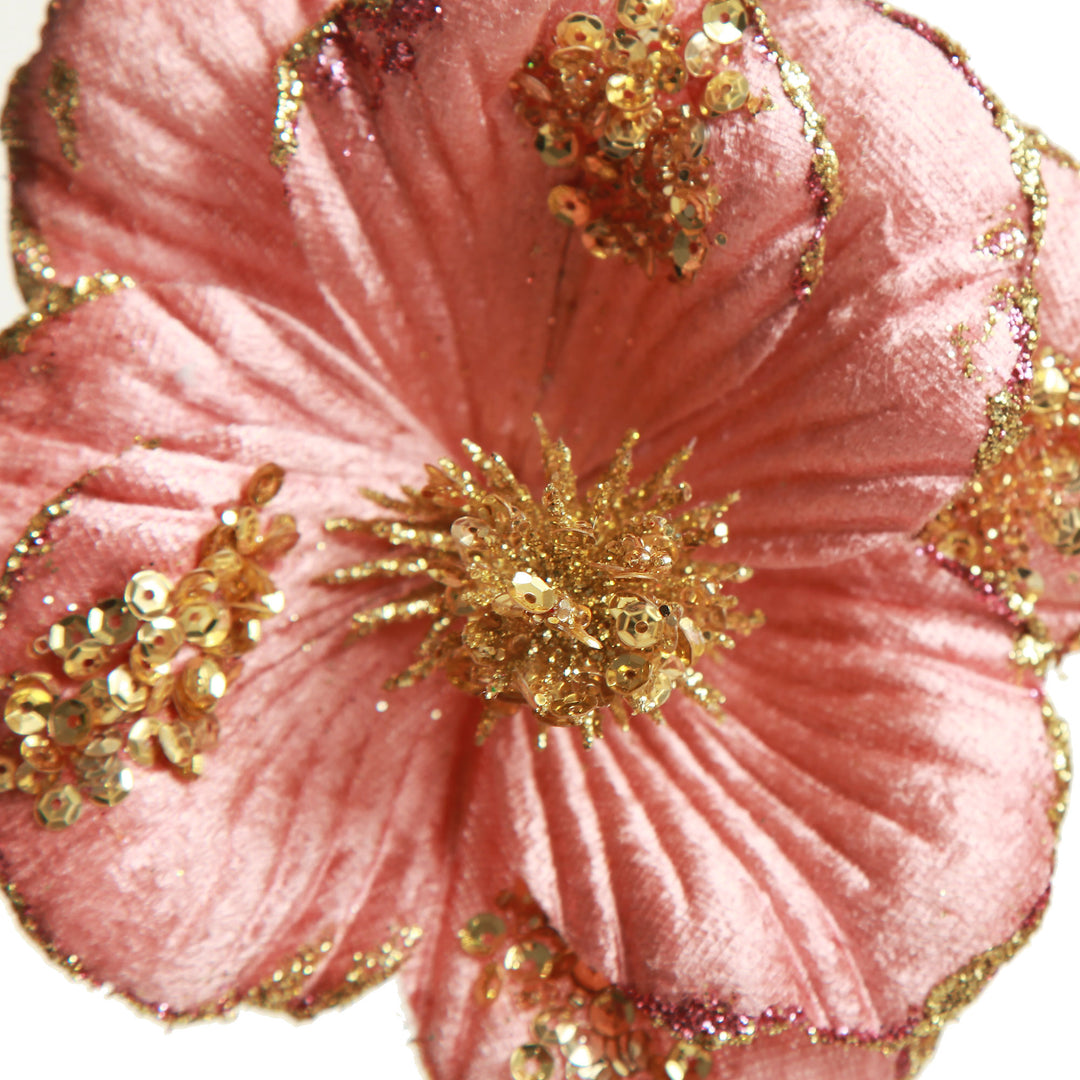 Blush Velvet Magnolia Flower with Gold Sequin Tips