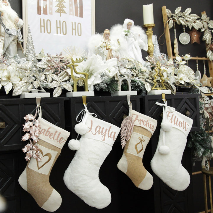 Personalised White Fur Christmas Stocking with Pom Poms