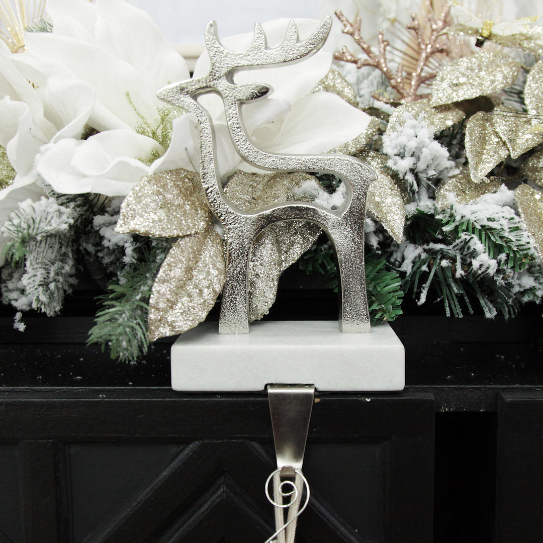 Hollow Raw Silver Reindeer Christmas Stocking Hanger with Quartz Base