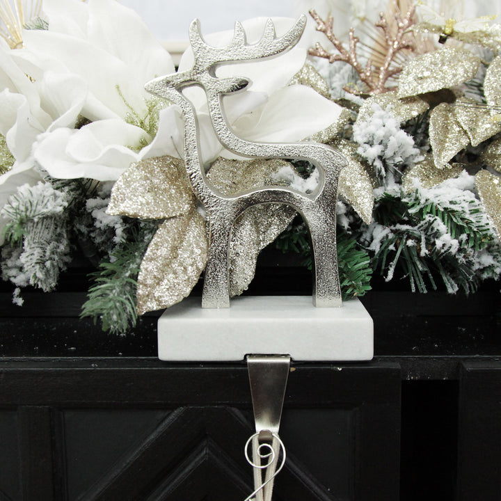 Hollow Raw Silver Reindeer Christmas Stocking Hanger with Quartz Base