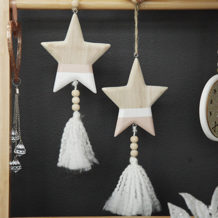 Natural and White Wooden Stars with Tassels Tree Decorations - Set of 2
