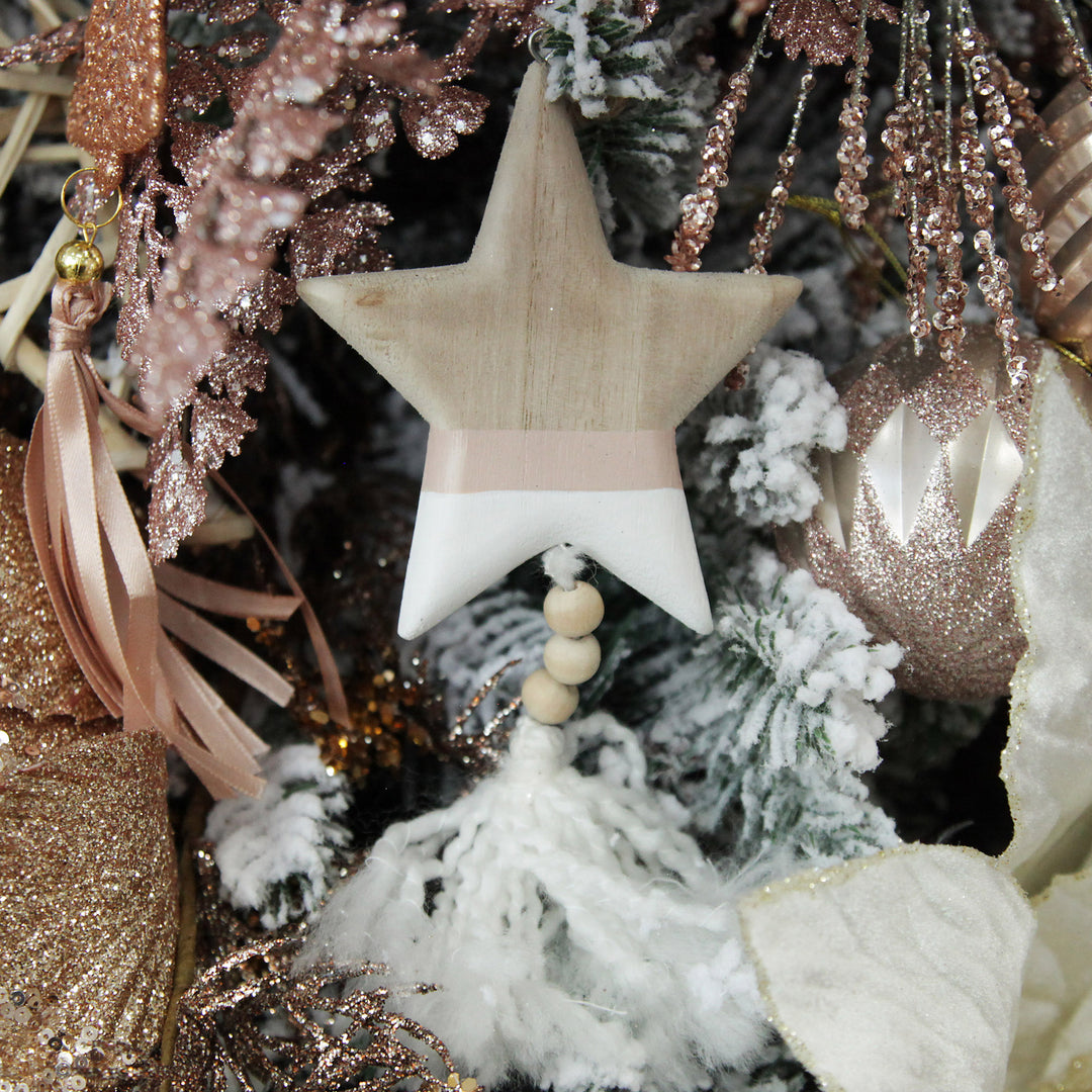 Natural and White Wooden Stars with Tassels Tree Decorations - Set of 2