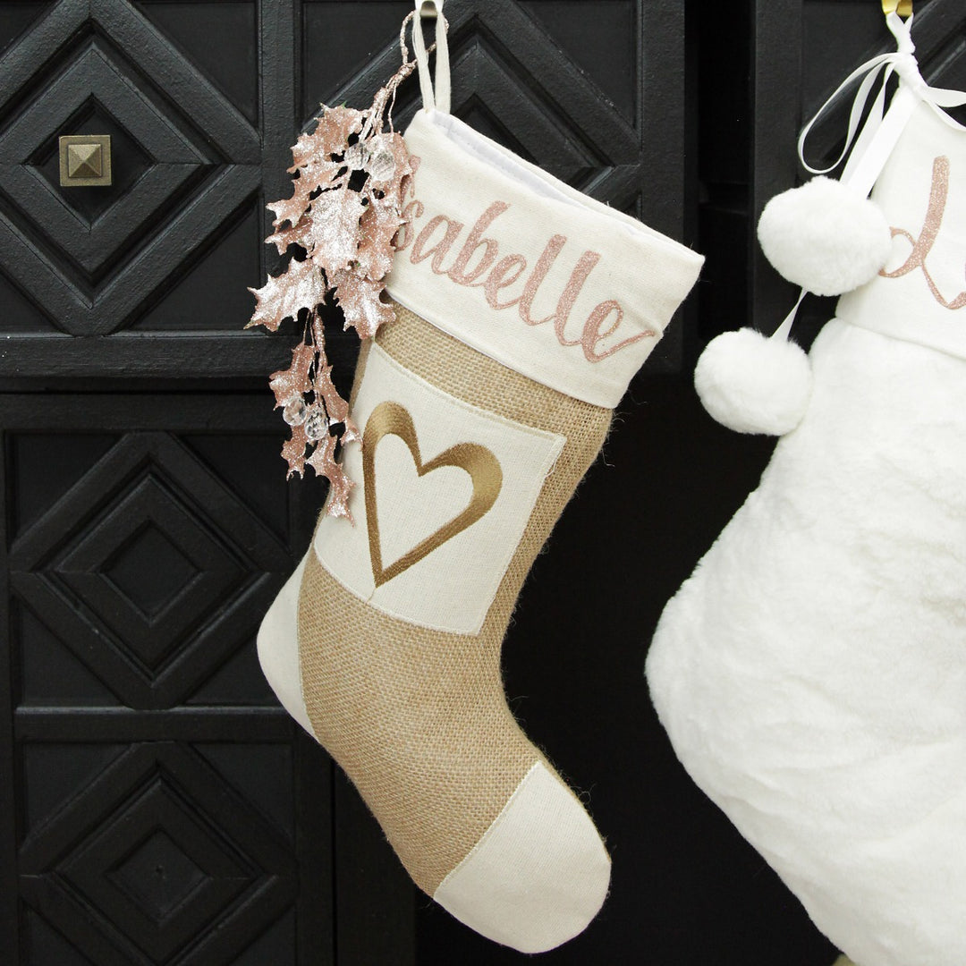 Personalised Burlap Heart Christmas Stocking