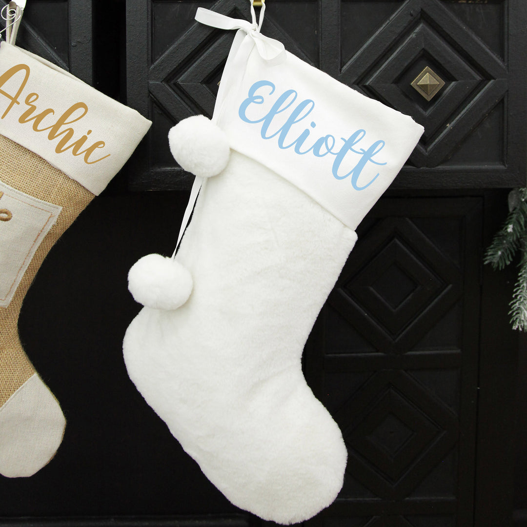 Personalised White Fur Christmas Stocking with Pom Poms