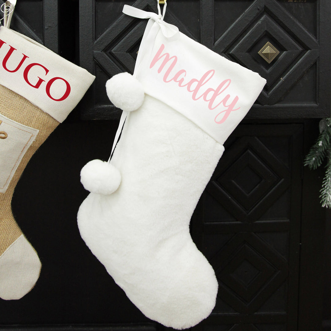 Personalised White Fur Christmas Stocking with Pom Poms