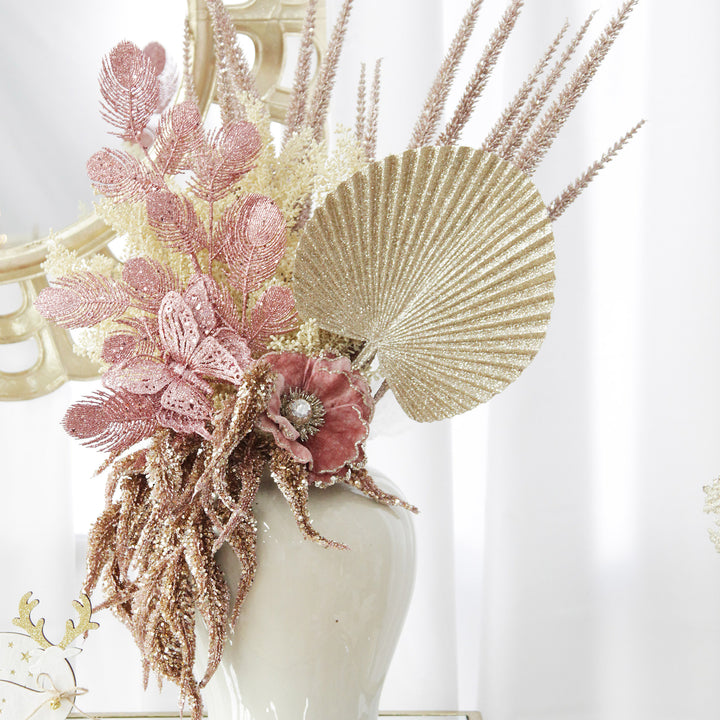 Rose Gold Glitter Feathers with Butterfly Spray Pick