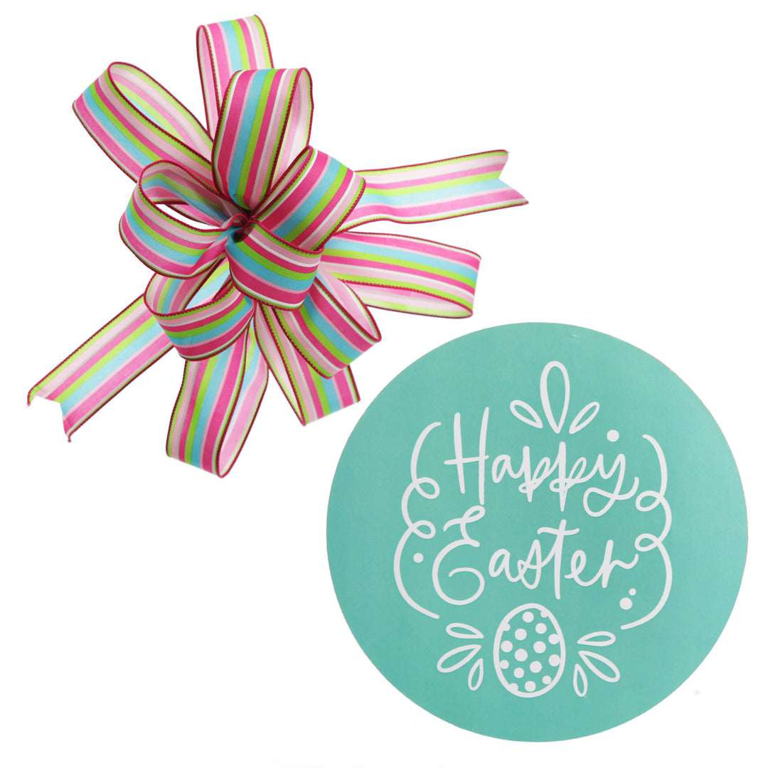 Bright Teal Stripe Happy Easter Plaque and Bow Set