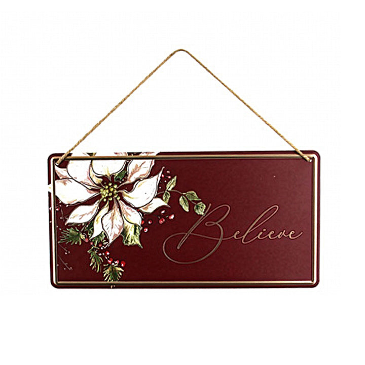 Burgundy Believe Hanging Metal Christmas Sign