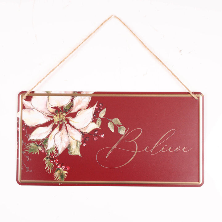 Burgundy Believe Hanging Metal Christmas Sign