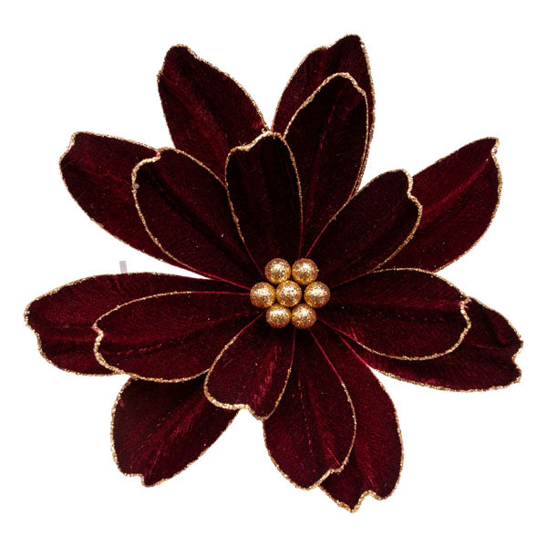 Burgundy Flocked Poinsettia Flower with Gold Glitter Detail