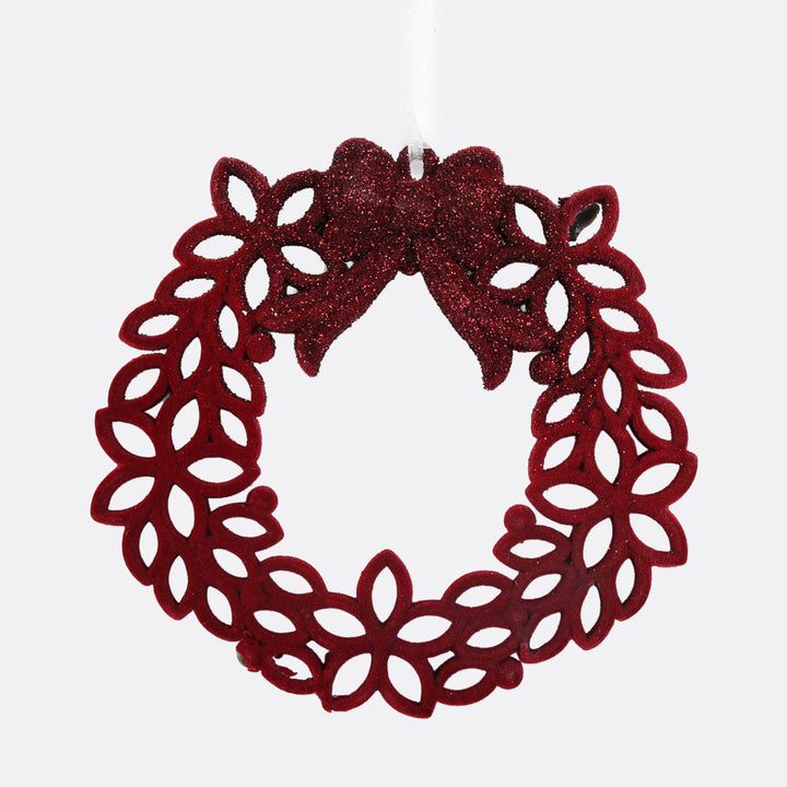 Burgundy Flocked Wreath - Tree Decoration - 12cm