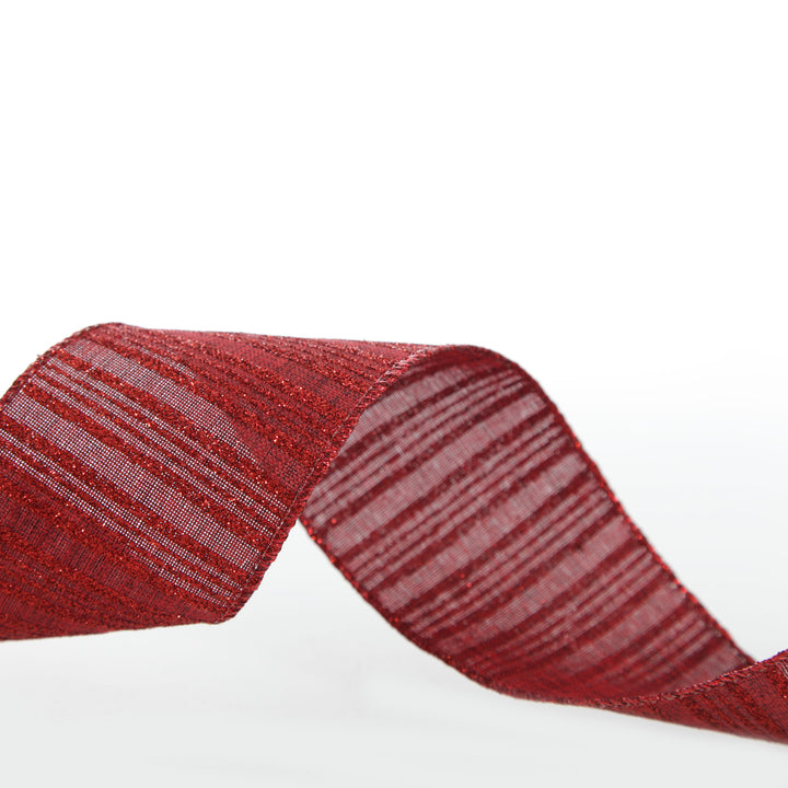 Burgundy Glitter and Linen Striped Wired Ribbon - 6.5cm