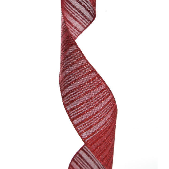 Burgundy Glitter and Linen Striped Wired Ribbon - 6.5cm
