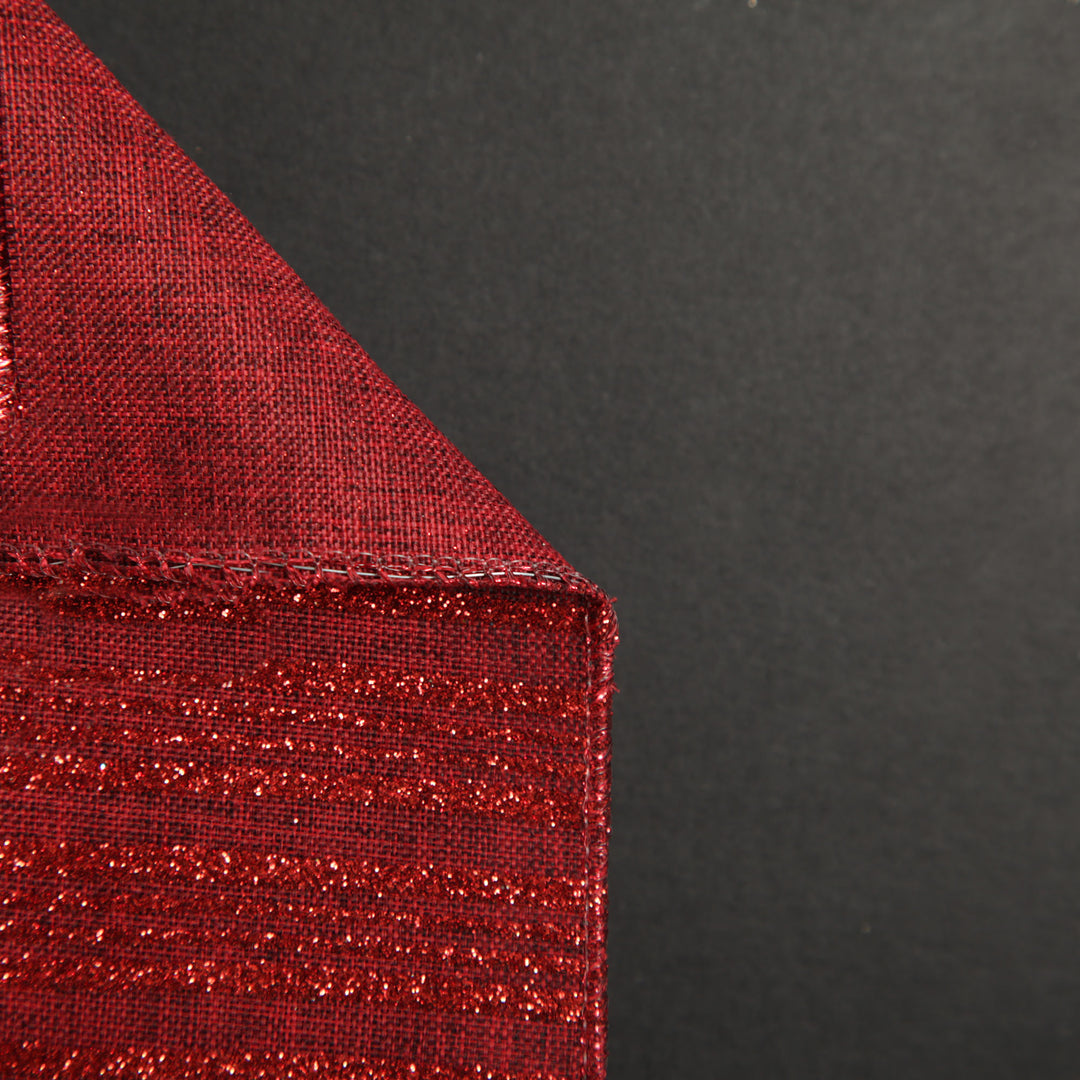 Burgundy Glitter and Linen Striped Wired Ribbon - 6.5cm