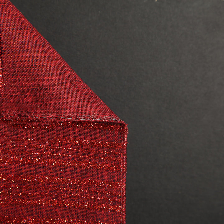 Burgundy Glitter and Linen Striped Wired Ribbon - 6.5cm