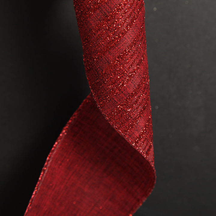 Burgundy Glitter and Linen Striped Wired Ribbon - 6.5cm