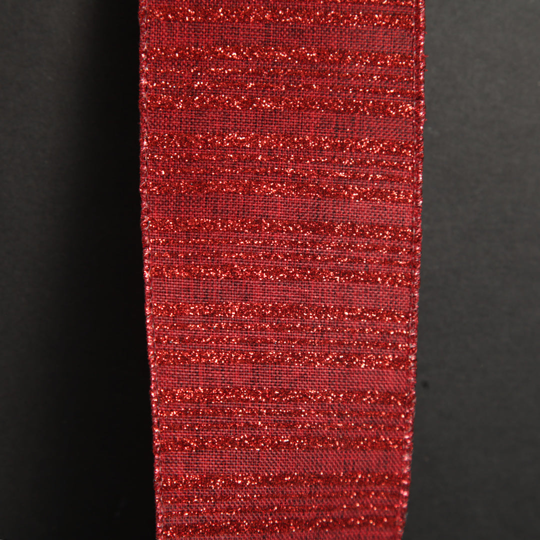 Burgundy Glitter and Linen Striped Wired Ribbon - 6.5cm