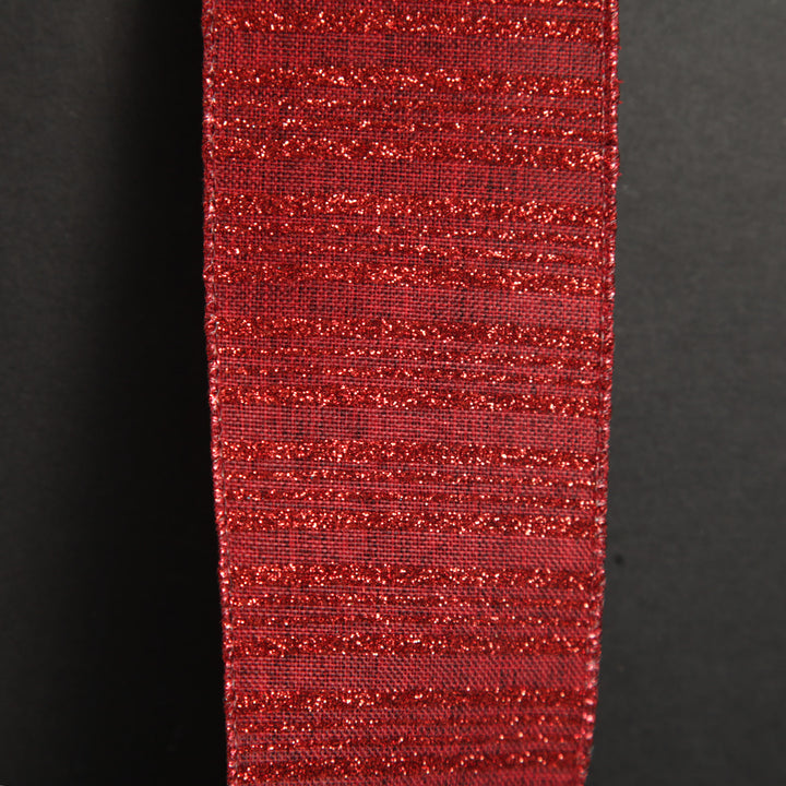 Burgundy Glitter and Linen Striped Wired Ribbon - 6.5cm
