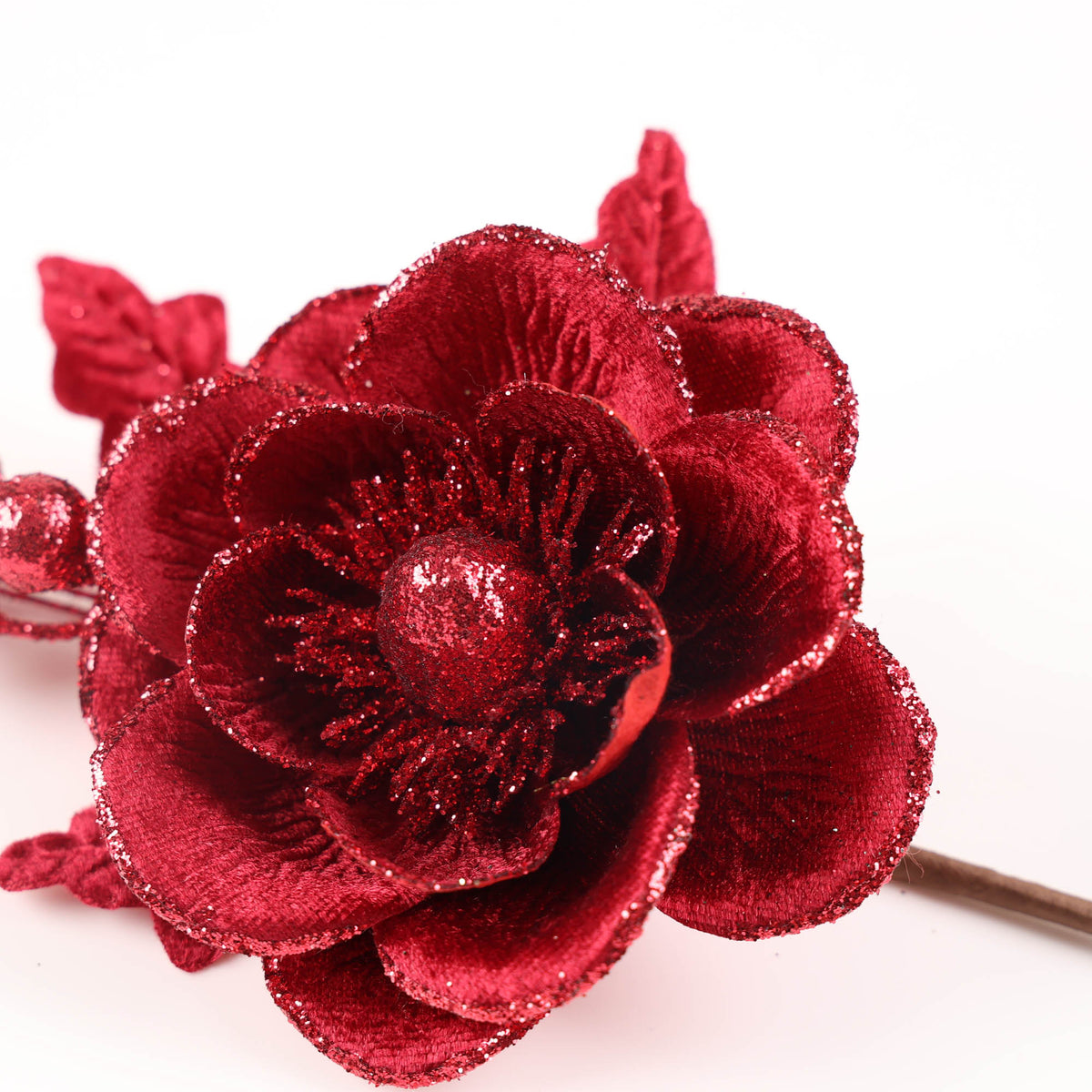 Burgundy Magnolia Flower with Red Glitter Detail Stem