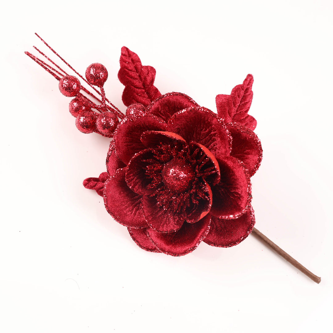 Burgundy Magnolia Flower with Red Glitter Detail Stem