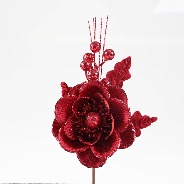 Burgundy Magnolia Flower with Red Glitter Detail Stem